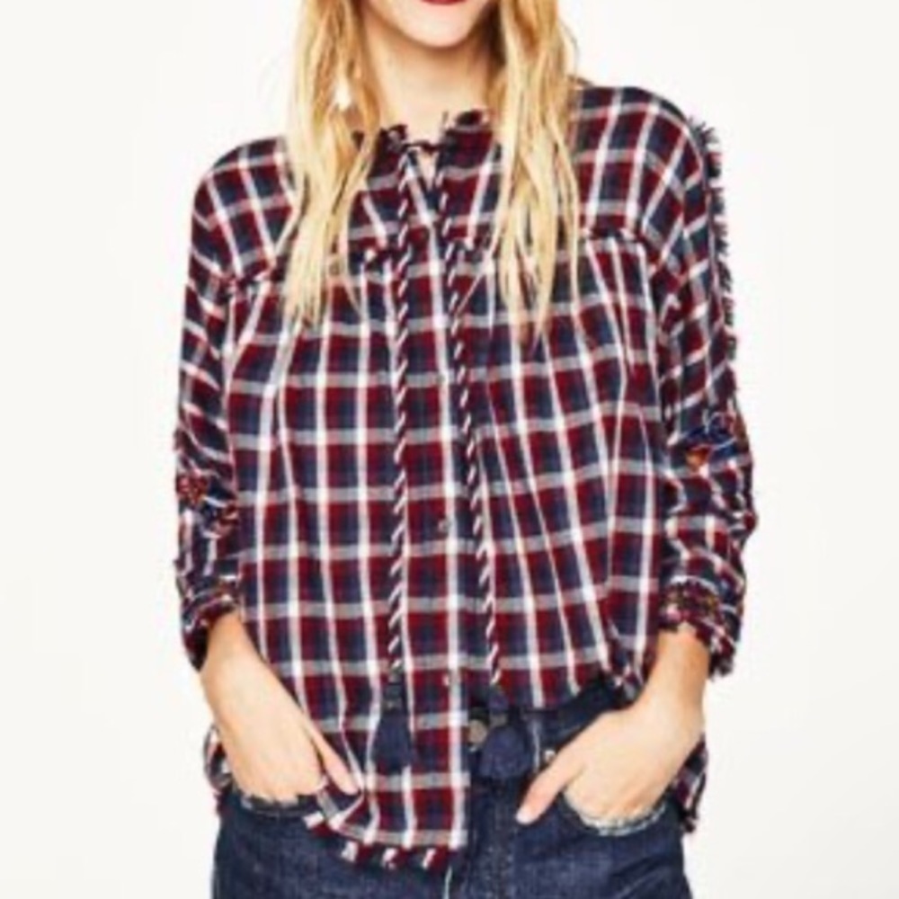 Zara Boho Oversize Plaid Embroidered Back Button Down Preppy Western Blouse Sz S